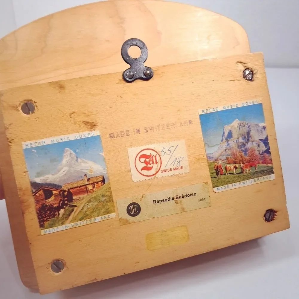 Vintage Befag music box Wood toilet paper holder floral Switzerland Rapsodie Sue